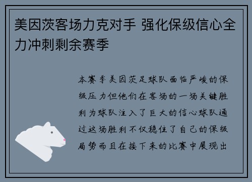 美因茨客场力克对手 强化保级信心全力冲刺剩余赛季