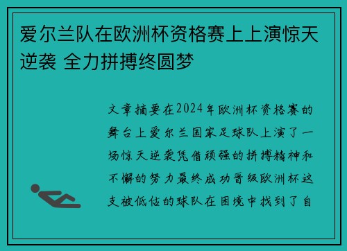 爱尔兰队在欧洲杯资格赛上上演惊天逆袭 全力拼搏终圆梦