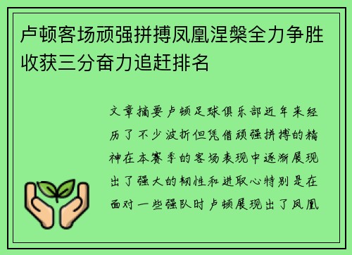 卢顿客场顽强拼搏凤凰涅槃全力争胜收获三分奋力追赶排名