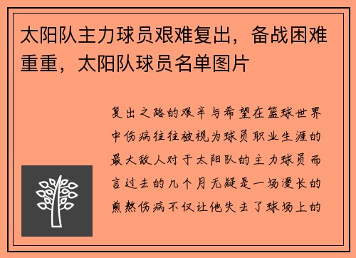 太阳队主力球员艰难复出，备战困难重重，太阳队球员名单图片
